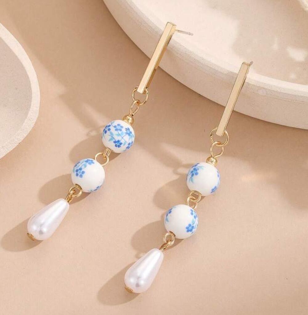 Chinoiserie Blue and White Beaded Pearl Drop Earrings